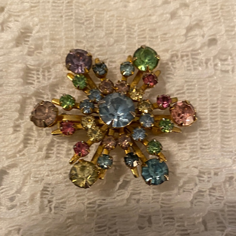 Vintage Snowflake Festive Pin With Bright Pastel Rhinestones